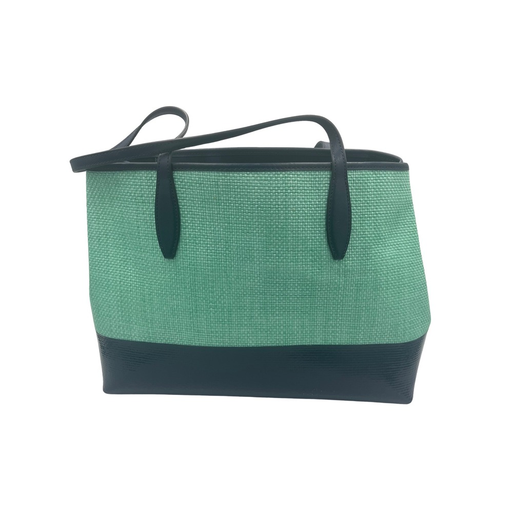 Kate Spade New York Green Woven Straw Tote Bag Navy Blue Trim Large Bag TLZFXB - Picture 2 of 9